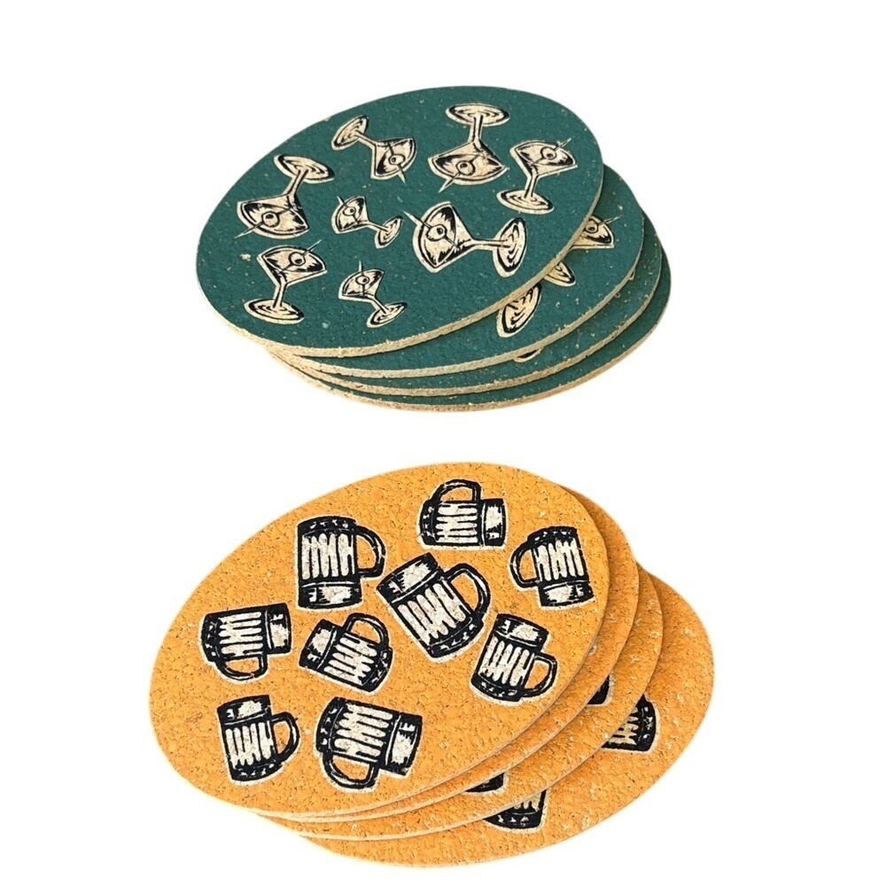 Vintage Custom Cork Oval Coasters w/Beer Mugs & Martini Glass‎ Retro Summer (8)